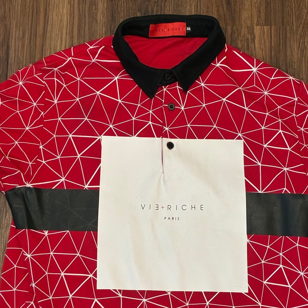 Vie+Riche Paris Polo Shirt Men's XXL Red Geometric Print Short Sleeve Casual - Picture 2 of 9